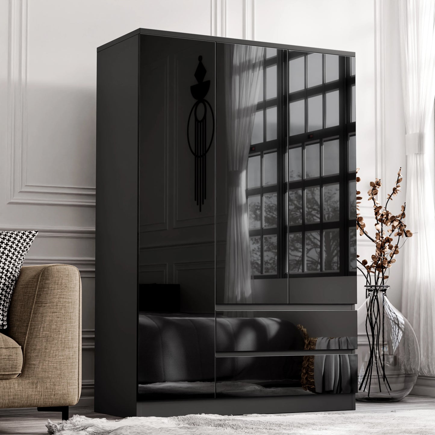 High Gloss 3 Door Wardrobe With Drawers And Shelves