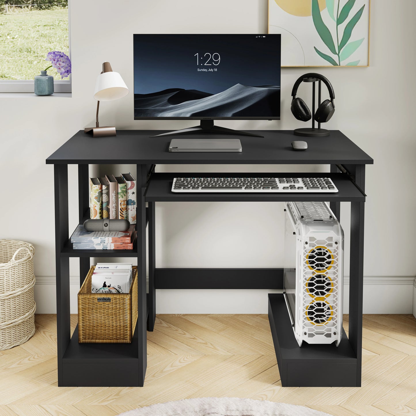 Home Office Computer Desk With Shelves For Working, Reading & Gaming