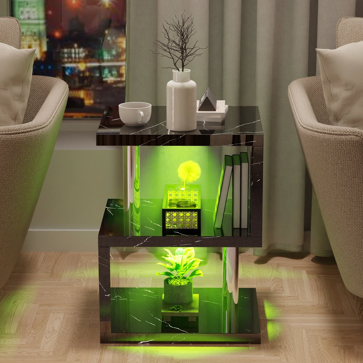 Small Sofa Side Table with Storage & LED - High Gloss End Table