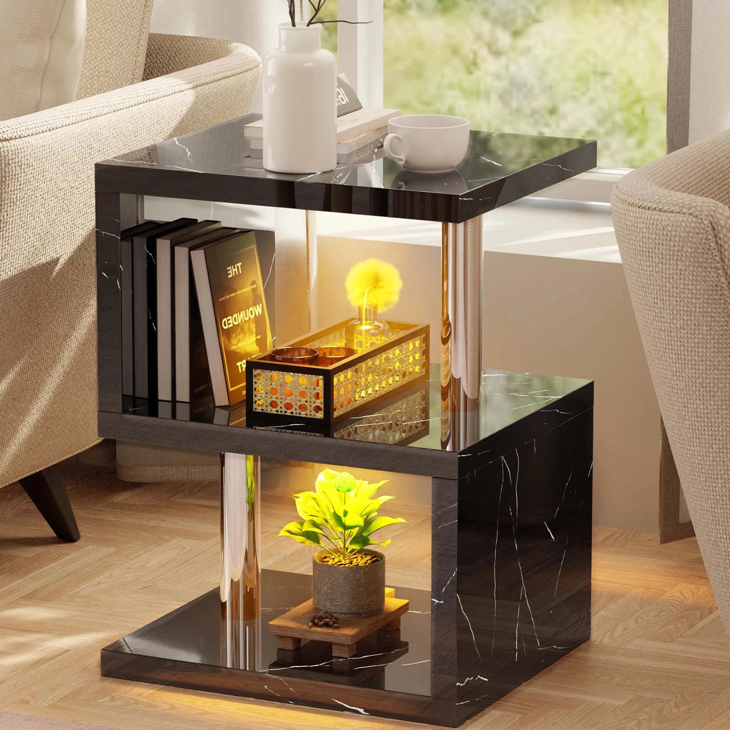 Small Sofa Side Table with Storage & LED - High Gloss End Table