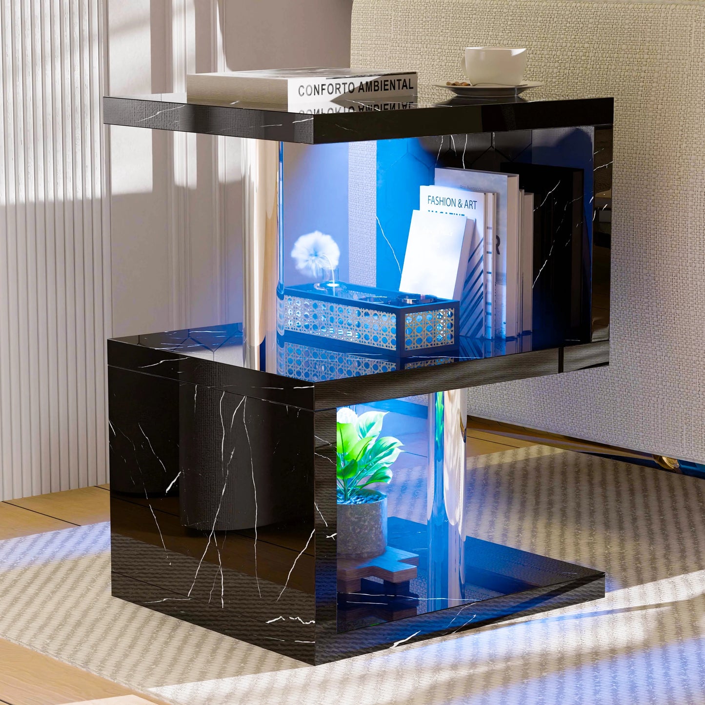 Small Sofa Side Table with Storage & LED - High Gloss End Table