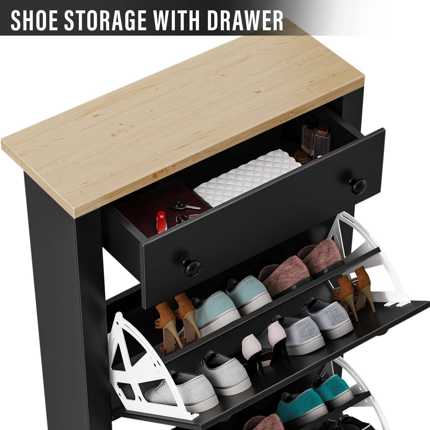 Modern Shoe Cabinet With Drawers | 2 Door Shoe Storage