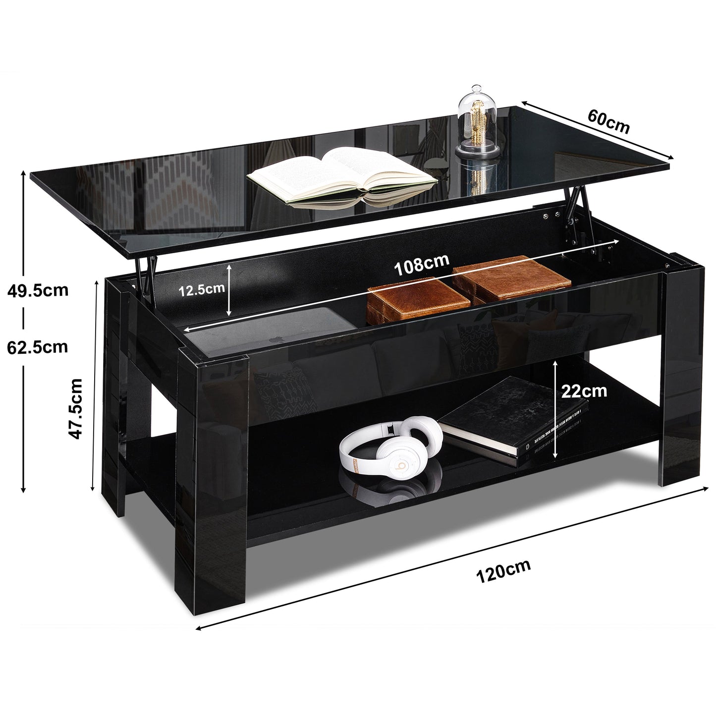 High Gloss Lift Top Coffee Table With Hidden Storage Shelf