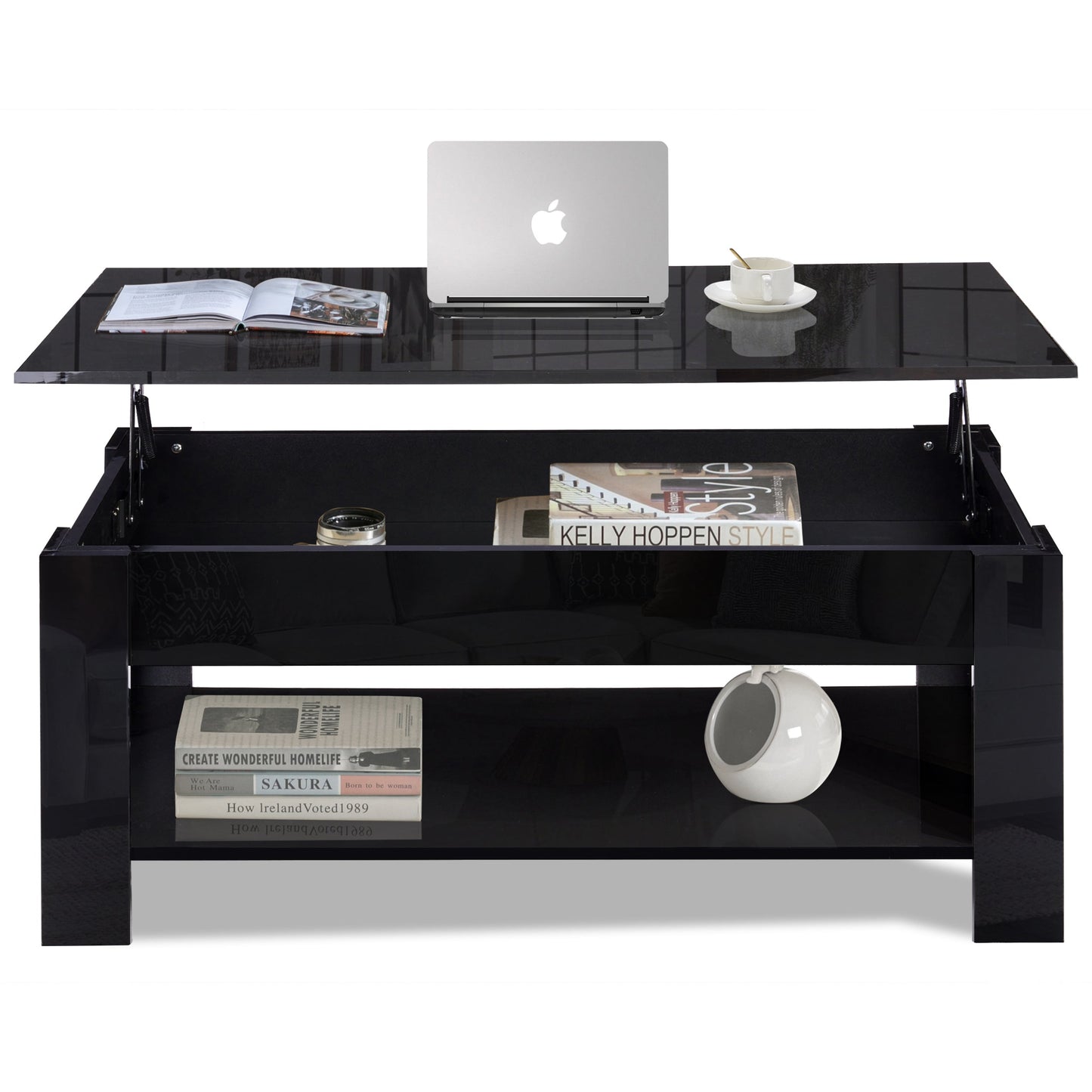 High Gloss Lift Top Coffee Table With Hidden Storage Shelf