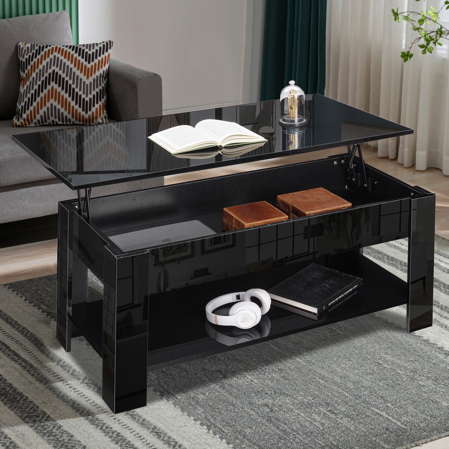 High Gloss Lift Top Coffee Table With Hidden Storage Shelf