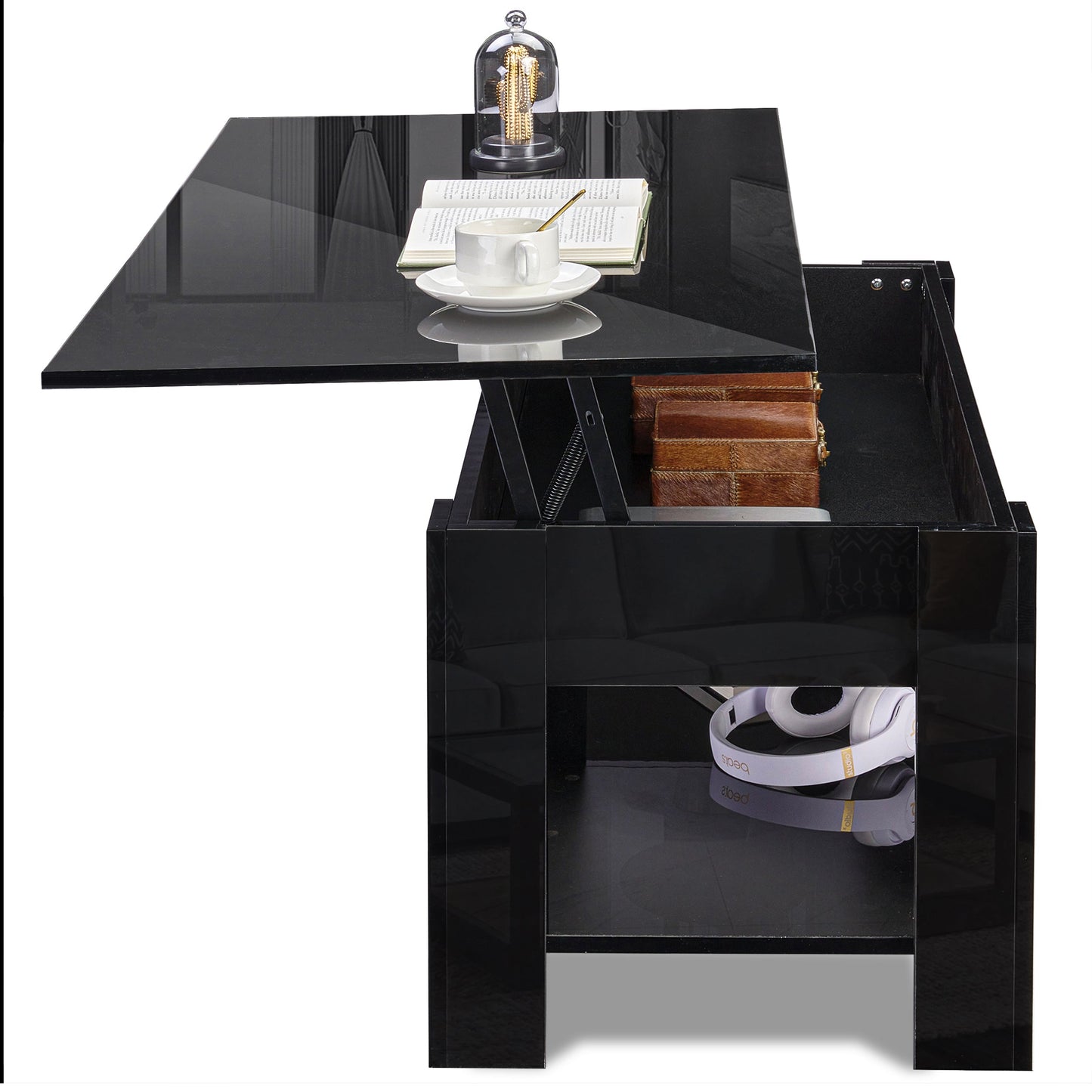 High Gloss Lift Top Coffee Table With Hidden Storage Shelf