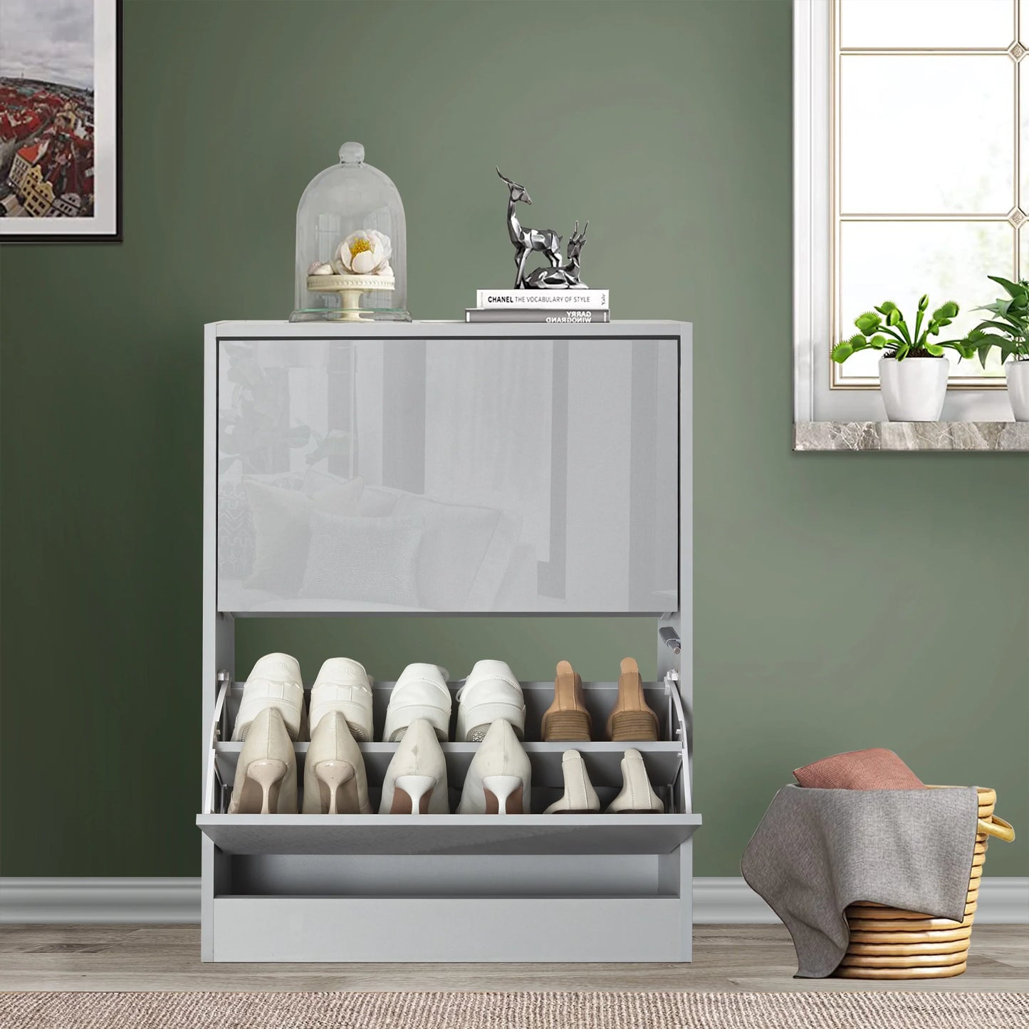 High Gloss 2 Door Shoe Cabinet | Slim Shoe Storage Unit