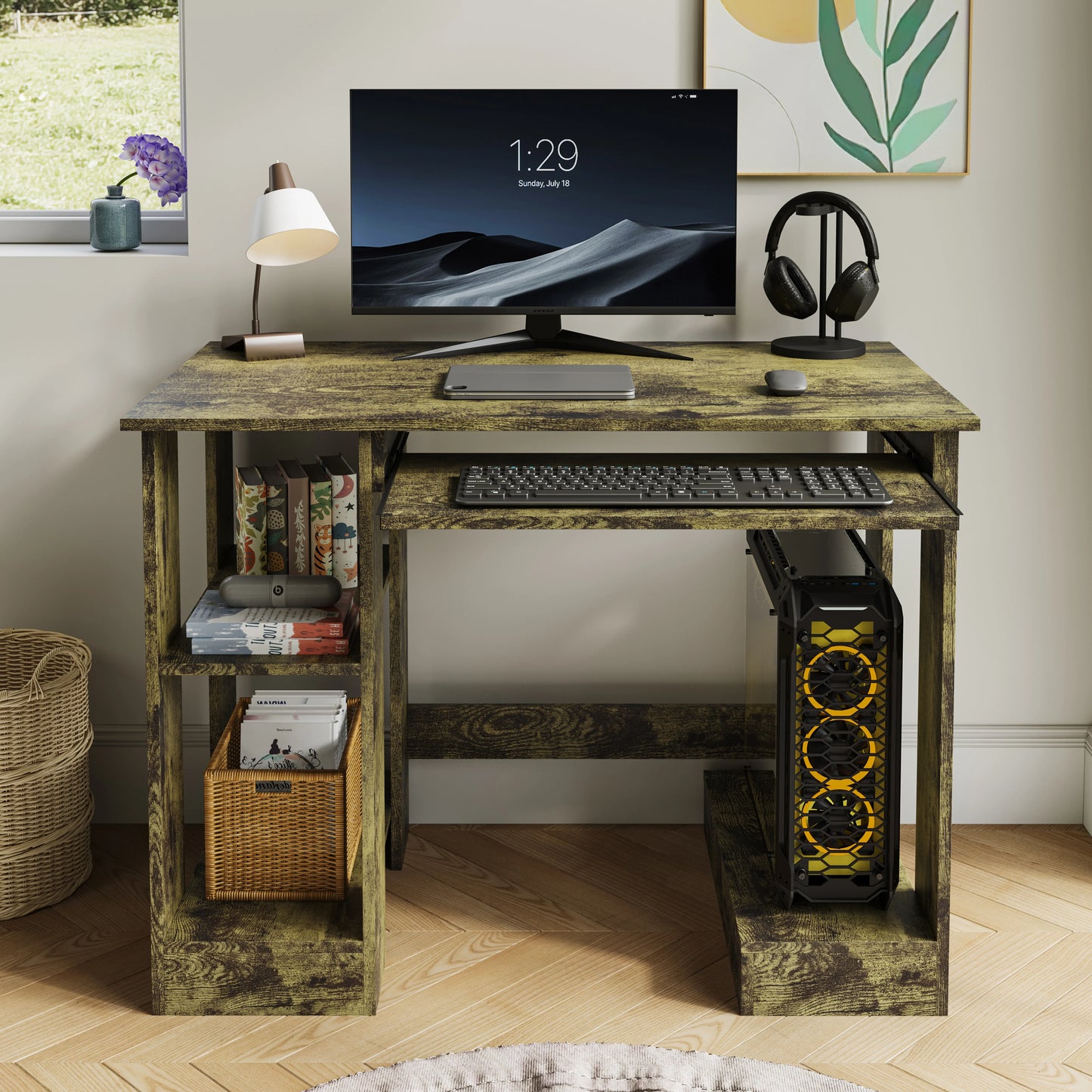 Home Office Computer Desk With Shelves For Working, Reading & Gaming