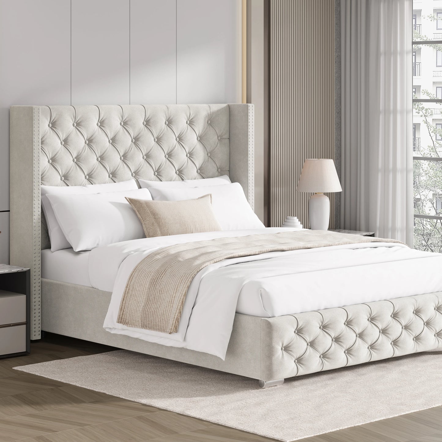 Cross Pattern Velvet Ottoman Storage Bed - Winged Bed Frame