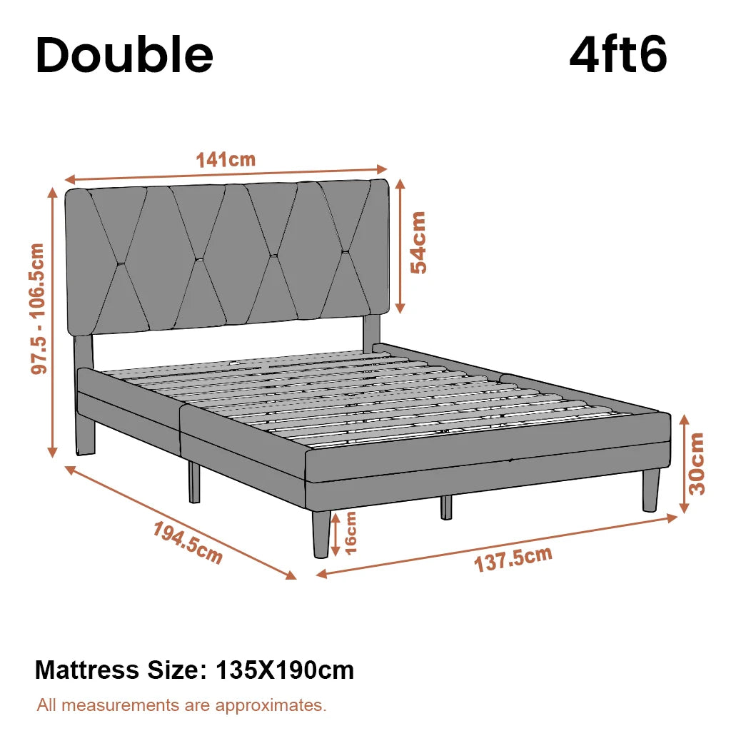 Velvet Upholstered Bed Frame Double & King Size with Headboard