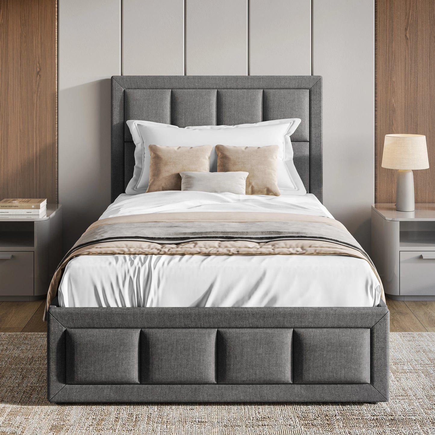 Linen Ottoman Bed Frame - End Lift Ottoman Storage Bed