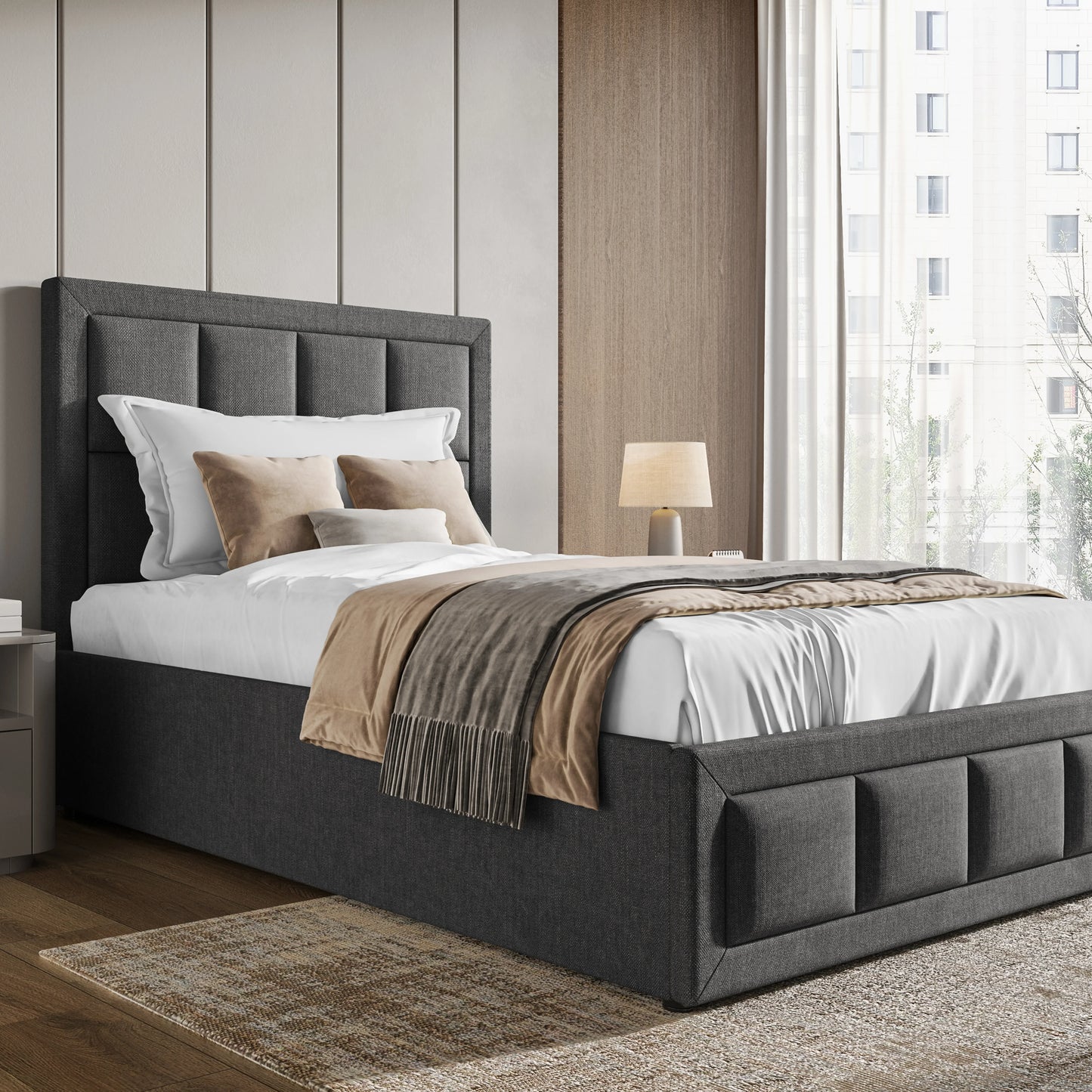 Linen Ottoman Bed Frame - End Lift Ottoman Storage Bed