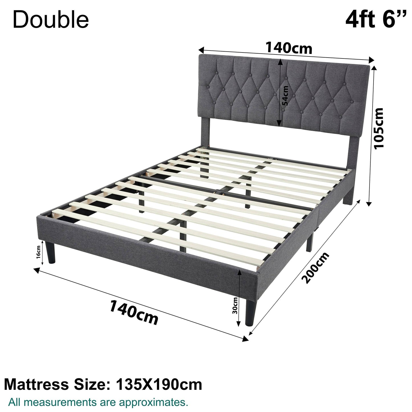 Chesterfield Bed Frame - Luxurious Grey Linen Upholstery, Adjustable Headboard