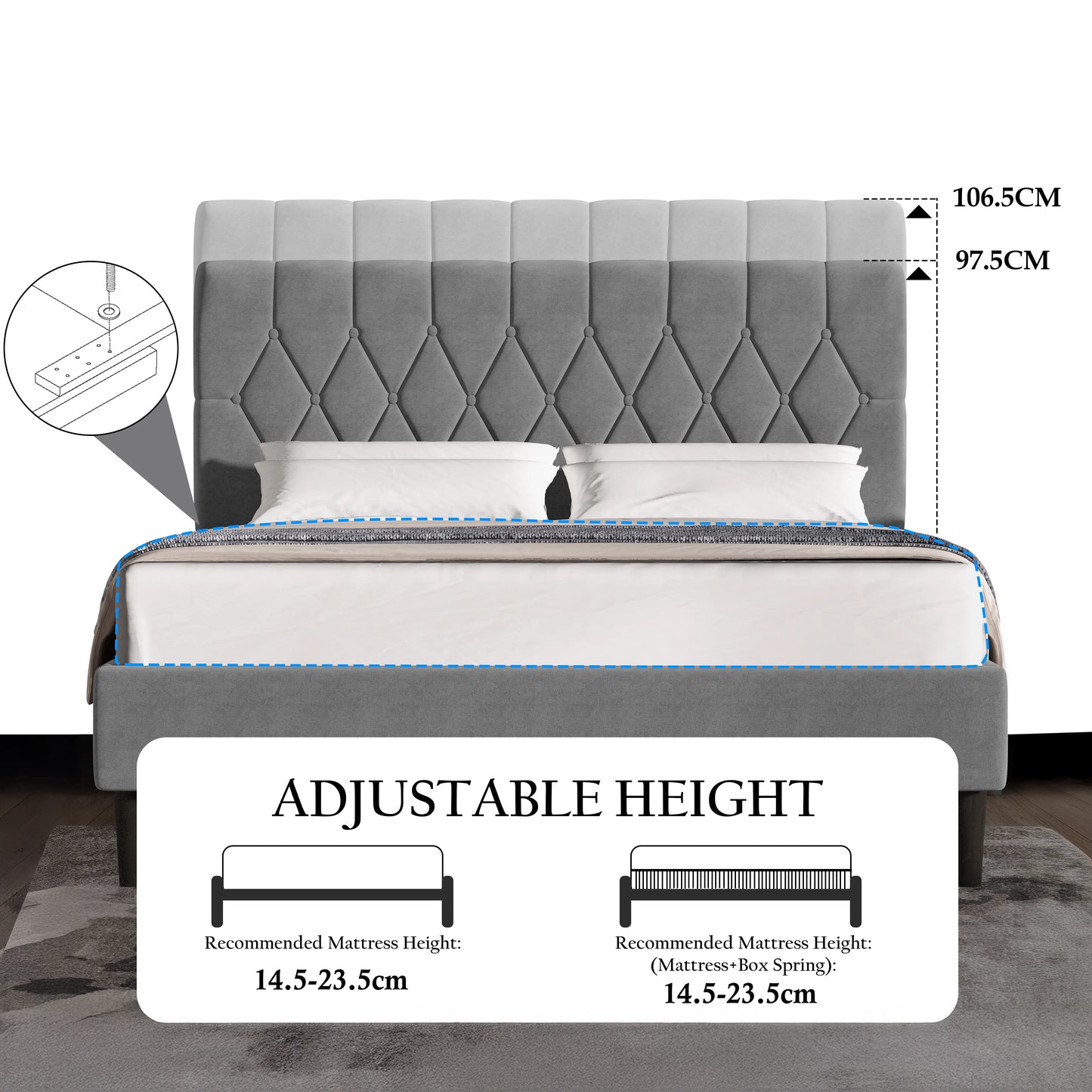 Chesterfield Velvet Upholstered Bed Frame With Adjustable Headboard