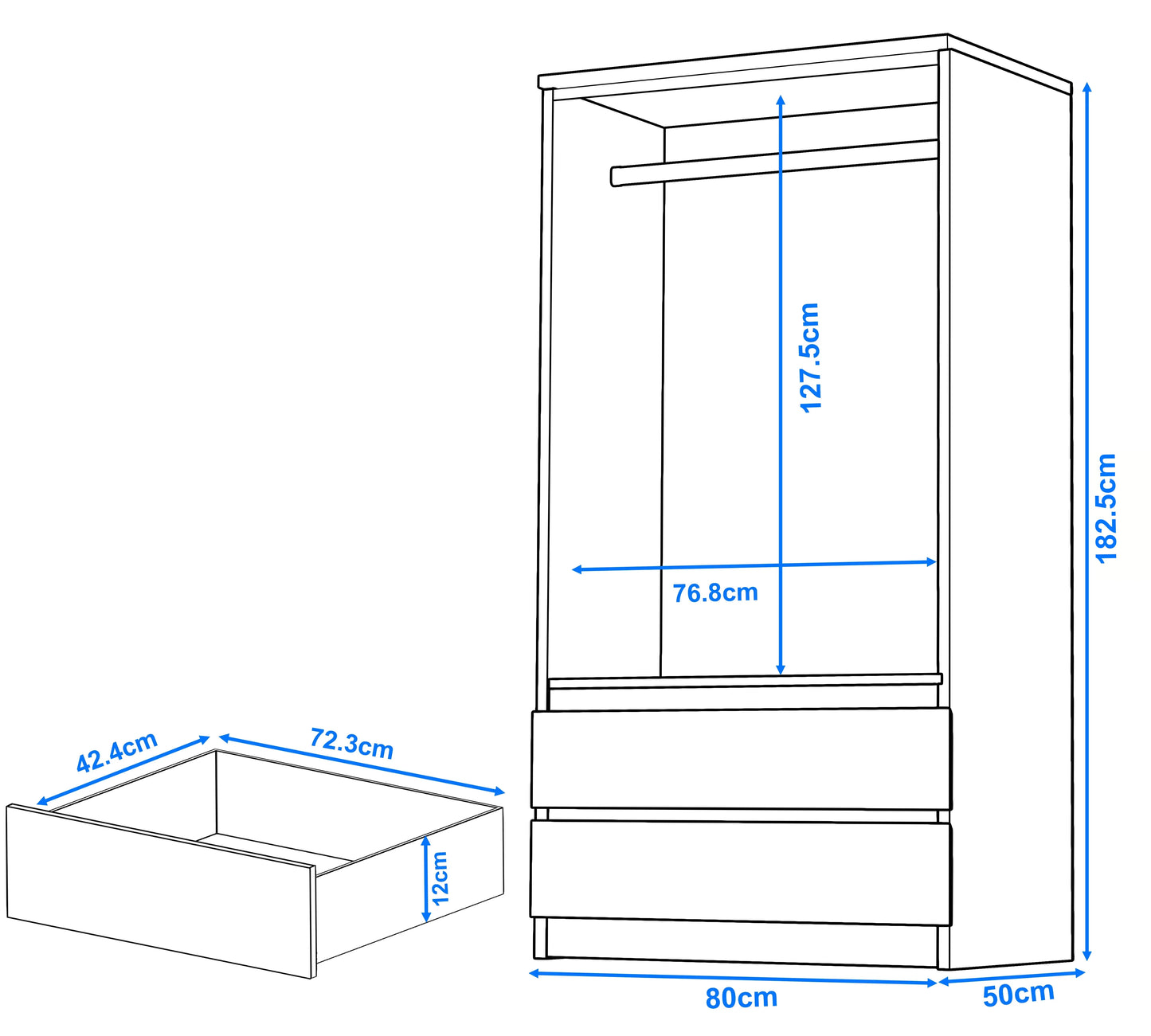 High Gloss 2 Door Wardrobe With Drawers And Hanging Space