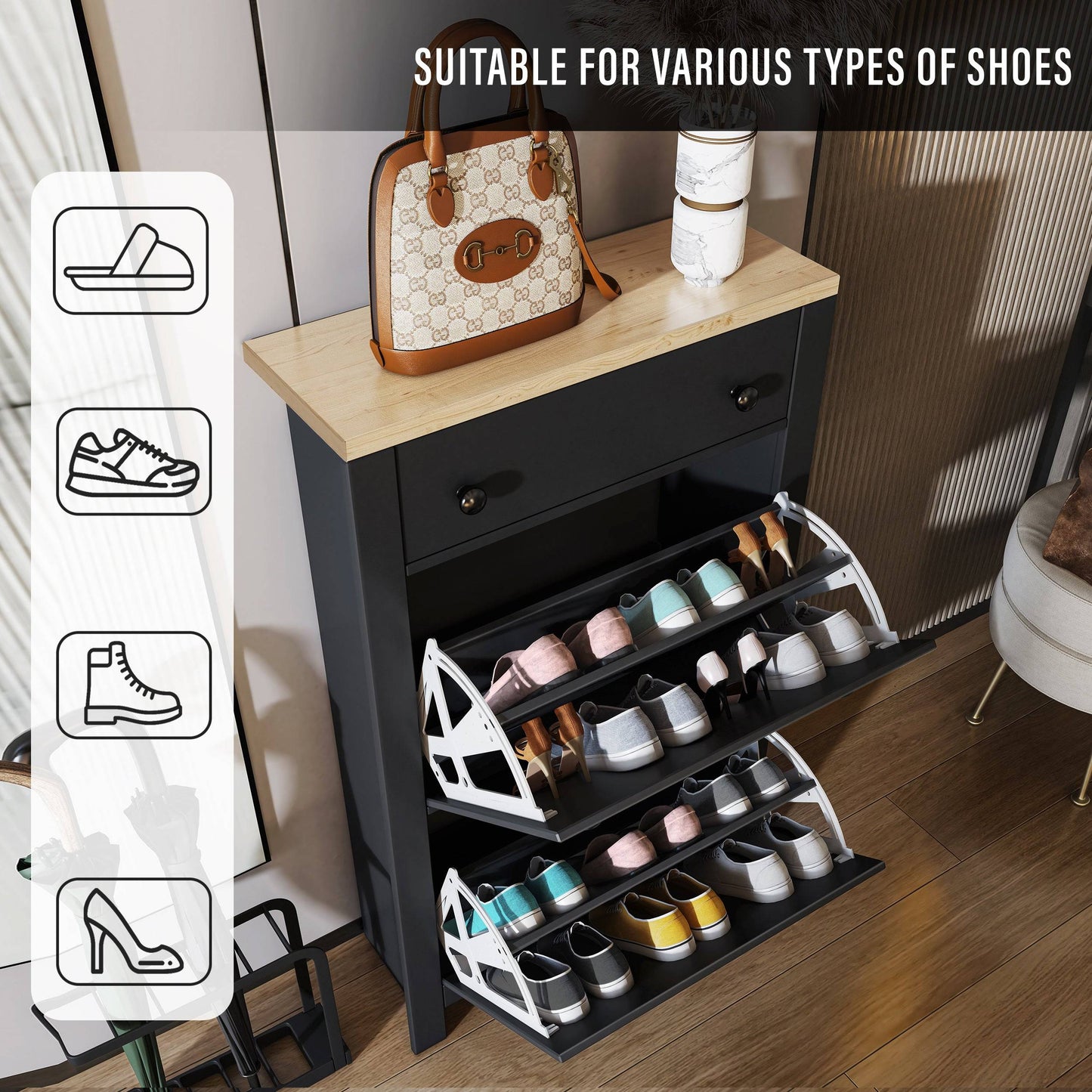 Modern Shoe Cabinet With Drawers | 2 Door Shoe Storage