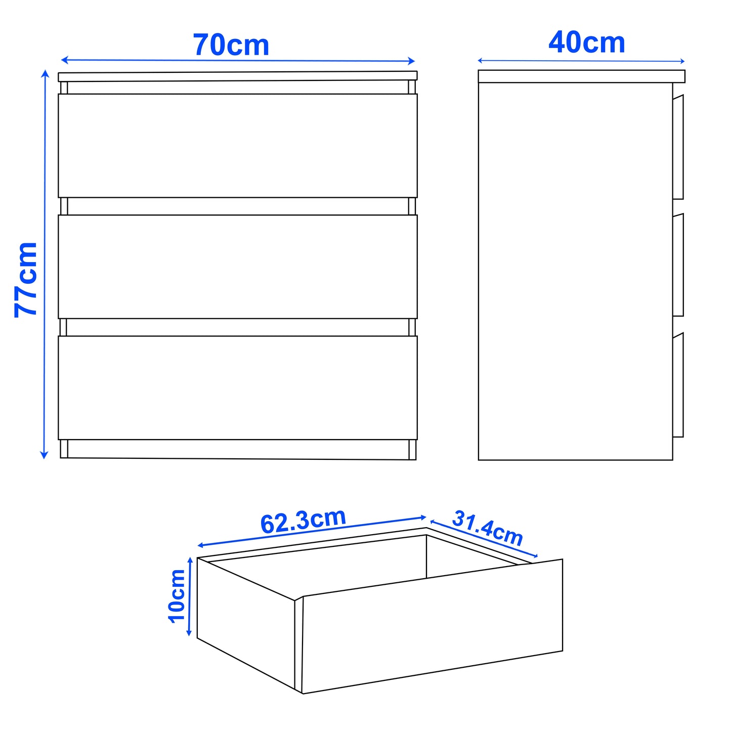 High Gloss 3 Drawer Chest - Small Chest of Drawers