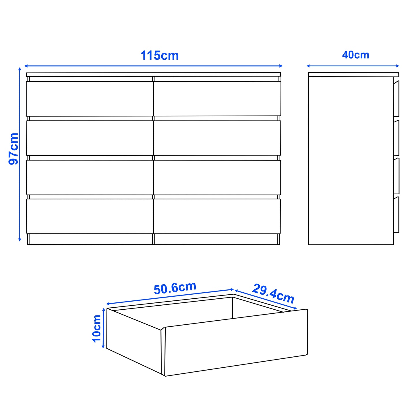 High Gloss Wide 8 Drawer Chest of Drawers - Bedroom Dresser