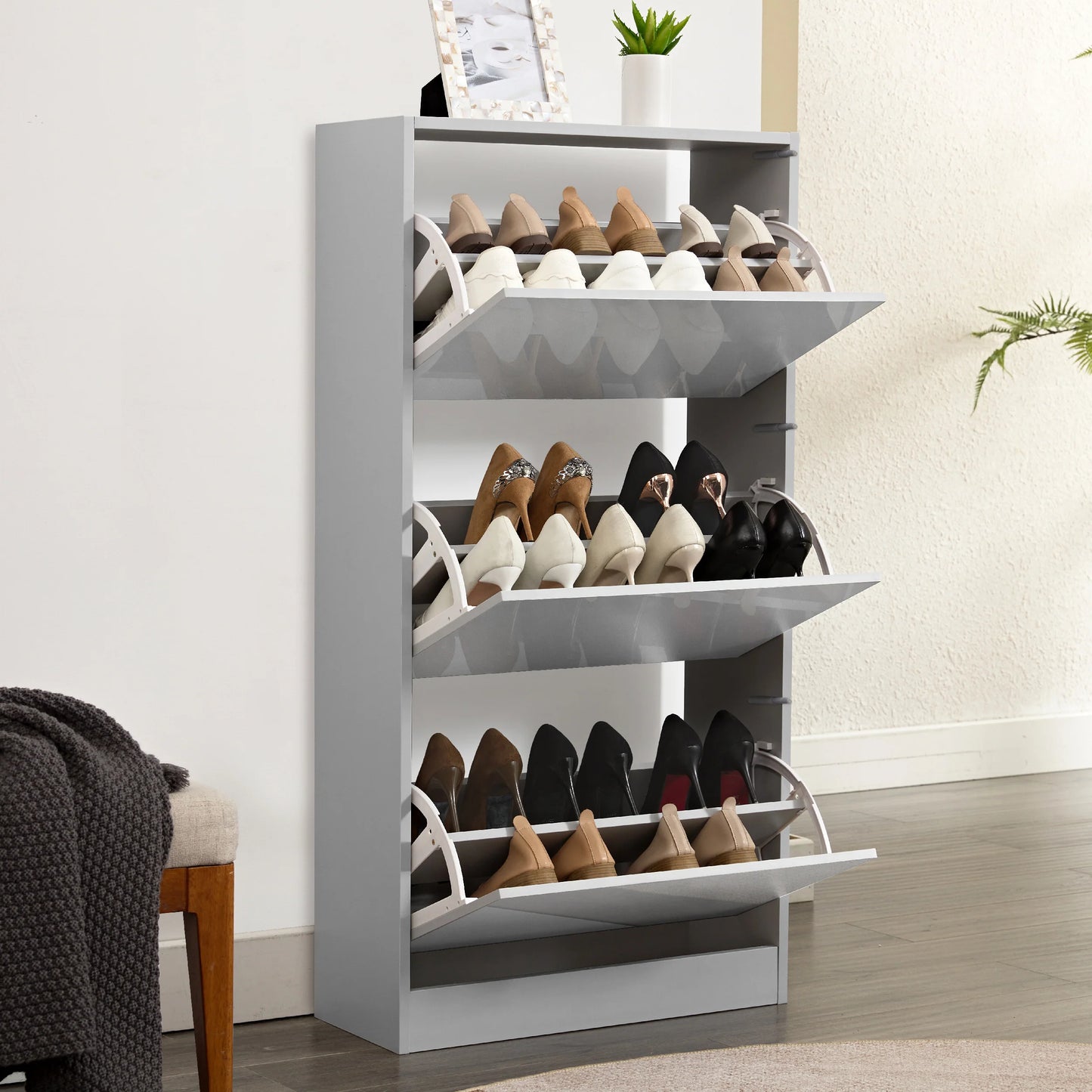 High Gloss 3 Door Shoe Cabinet | Slim Shoe Storage
