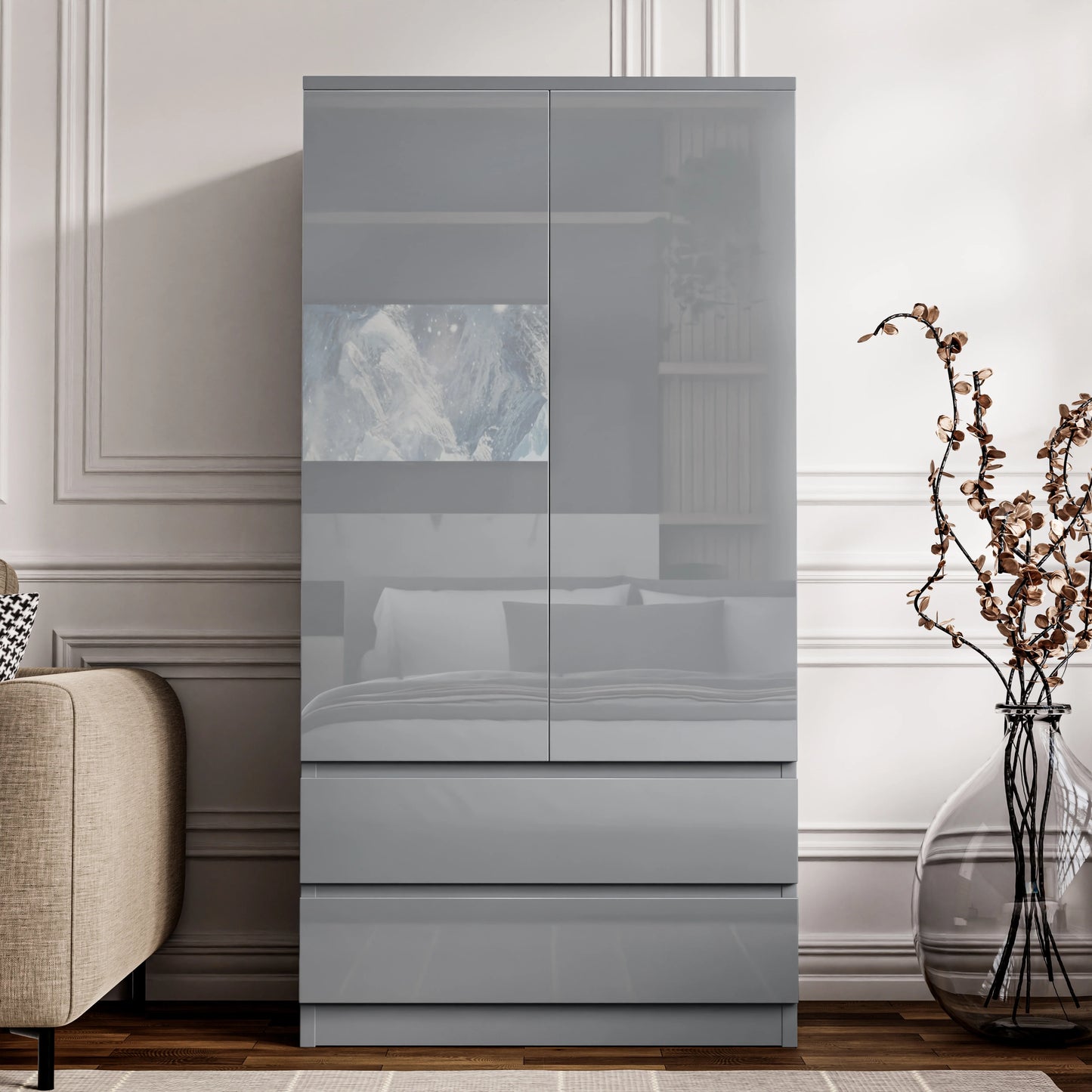 High Gloss 2 Door Wardrobe With Drawers And Hanging Space