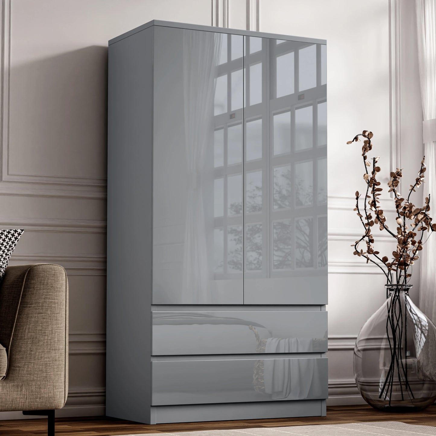 High Gloss 2 Door Wardrobe With Drawers And Hanging Space