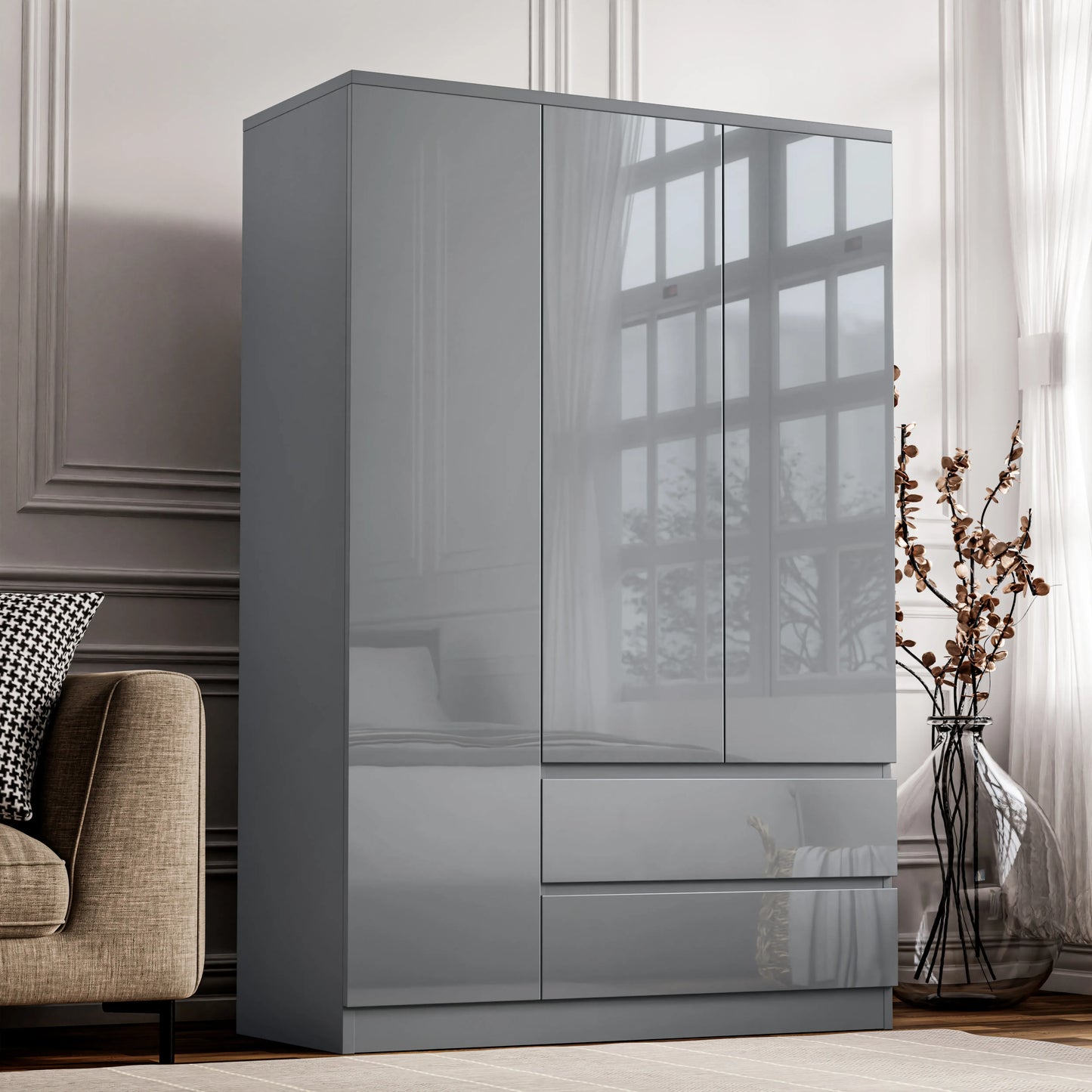 High Gloss 3 Door Wardrobe With Drawers And Shelves