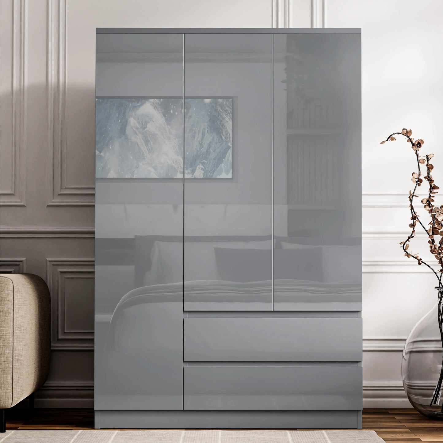 High Gloss 3 Door Wardrobe With Drawers And Shelves