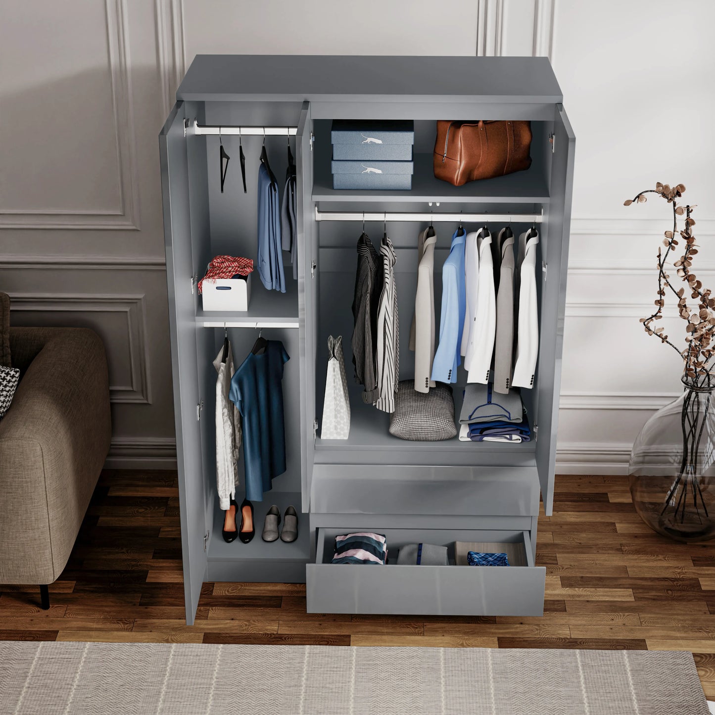 High Gloss 3 Door Wardrobe With Drawers And Shelves