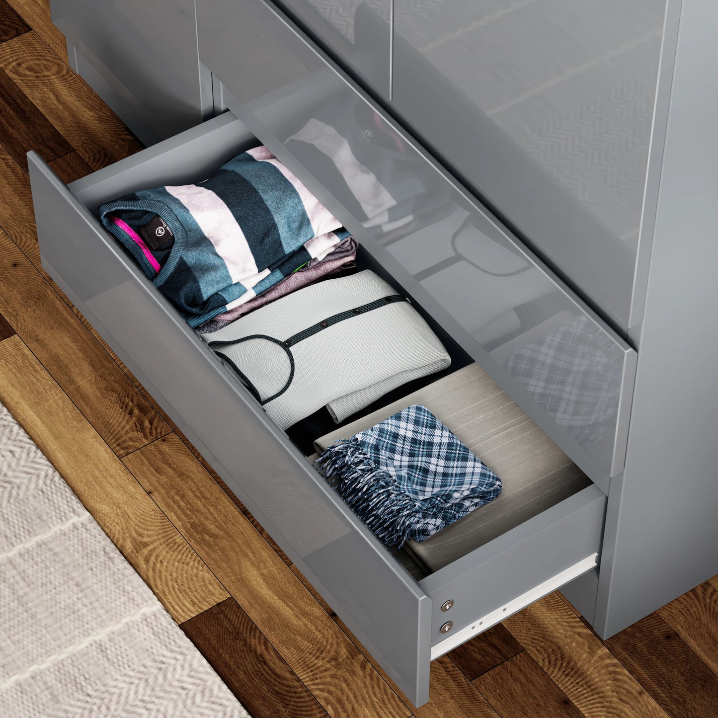 High Gloss 3 Door Wardrobe With Drawers And Shelves