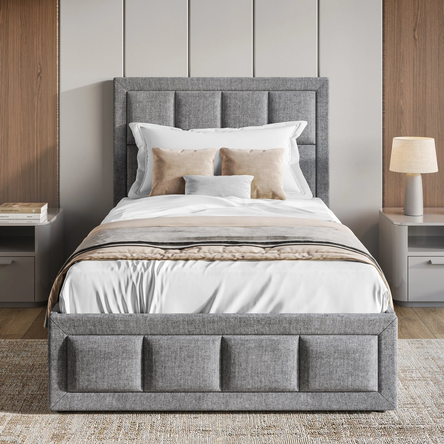 Linen Ottoman Bed Frame - End Lift Ottoman Storage Bed
