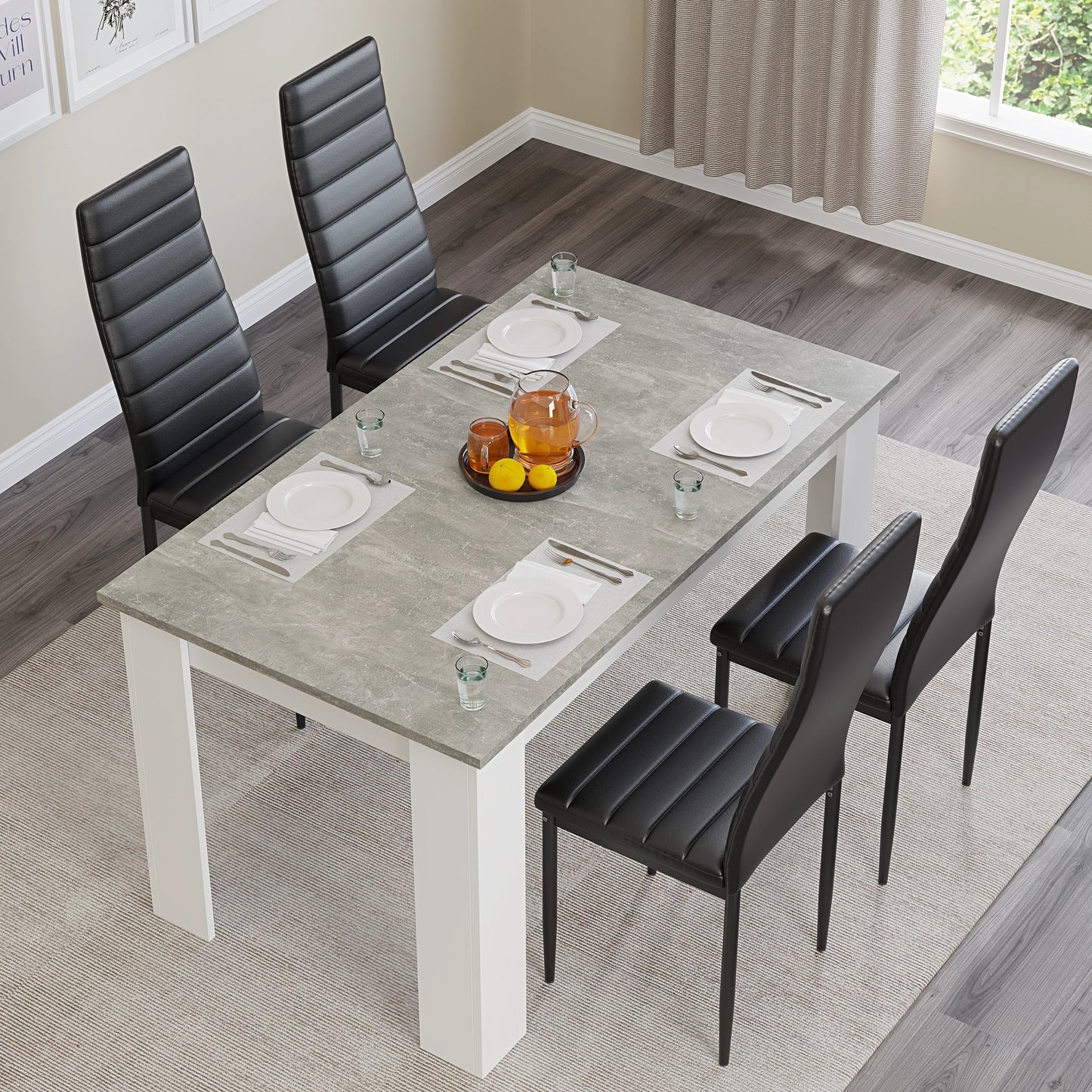 Grey Marble Finish 4-6 Seater Dining Table and Chairs Set