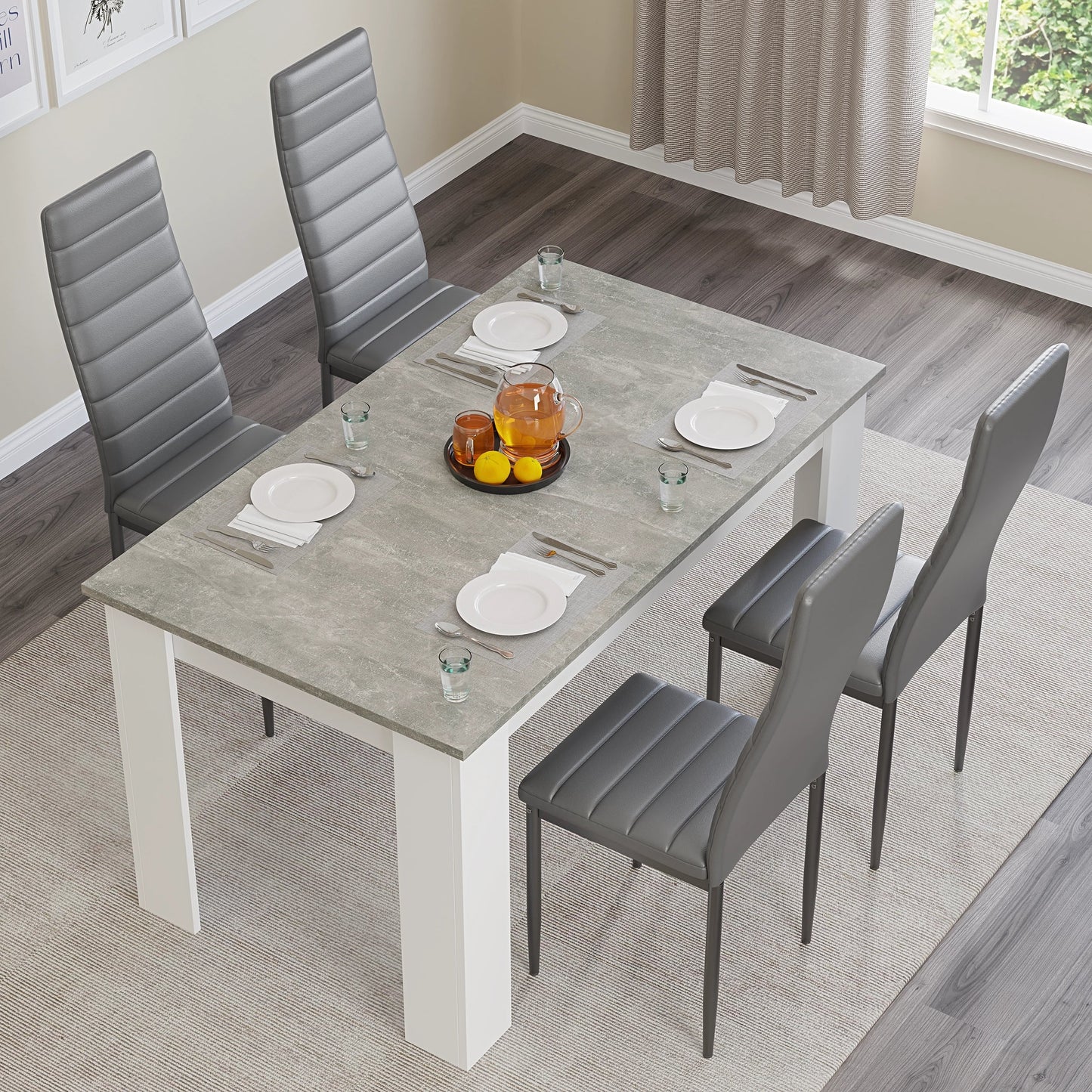 Grey Marble Finish 4-6 Seater Dining Table and Chairs Set