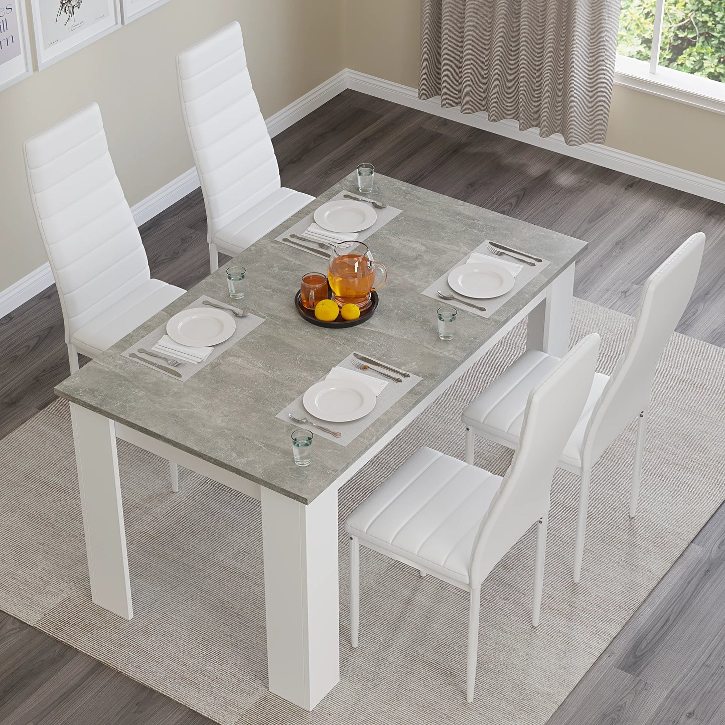 Grey Marble Finish 4-6 Seater Dining Table and Chairs Set
