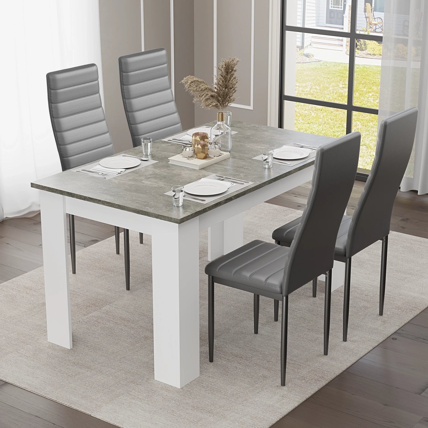 Grey Marble Finish 4-6 Seater Dining Table and Chairs Set