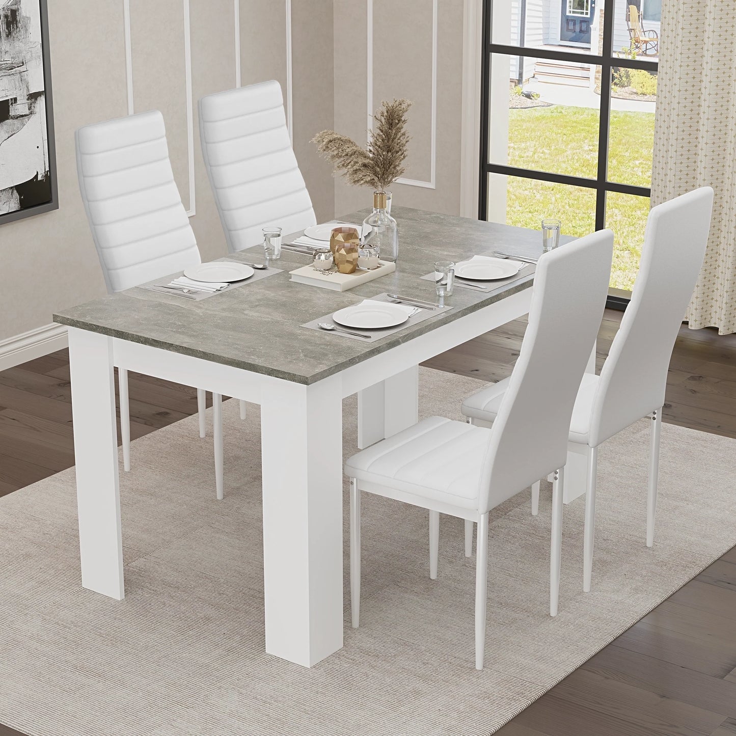Grey Marble Finish 4-6 Seater Dining Table and Chairs Set