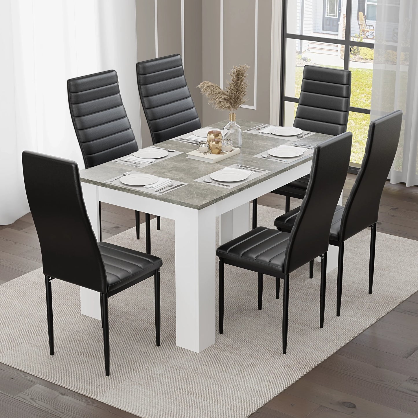 Grey Marble Finish 4-6 Seater Dining Table and Chairs Set