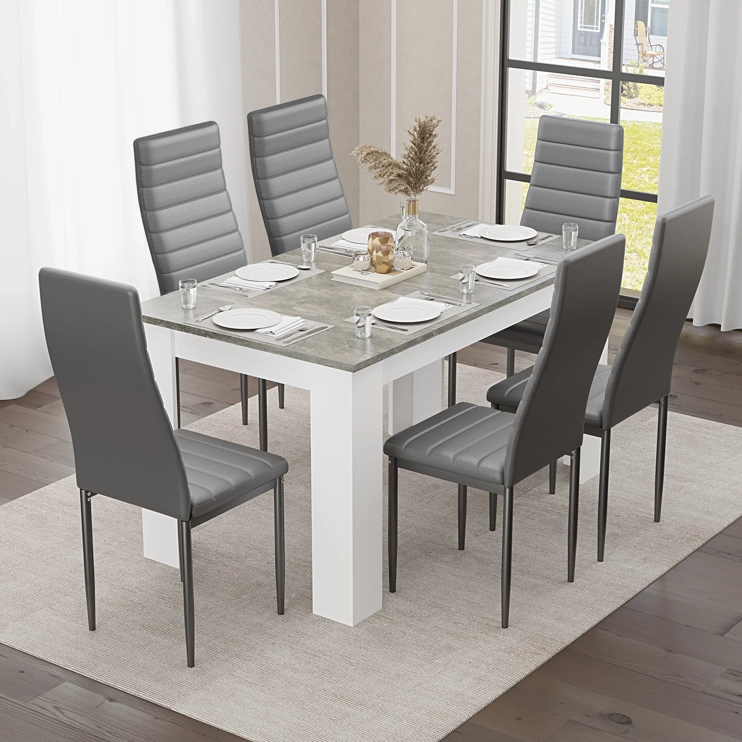 Grey Marble Finish 4-6 Seater Dining Table and Chairs Set