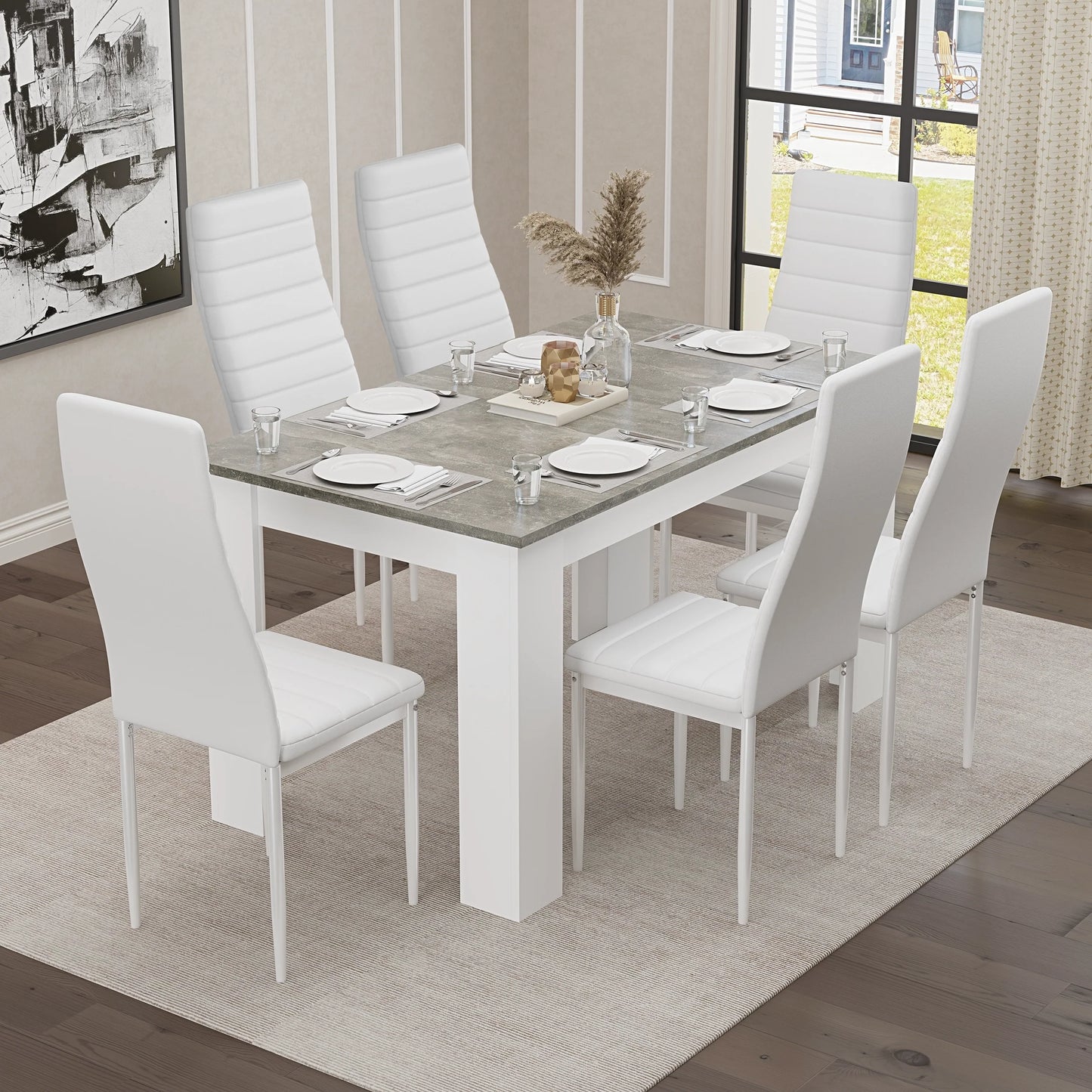 Grey Marble Finish 4-6 Seater Dining Table and Chairs Set