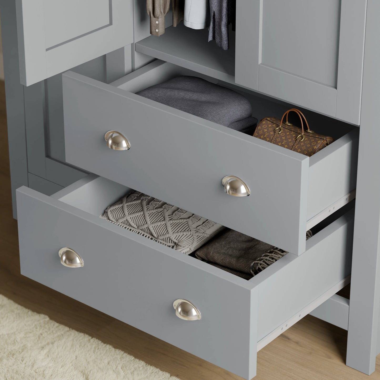 Shaker Triple Wardrobe With Drawers And Shelves