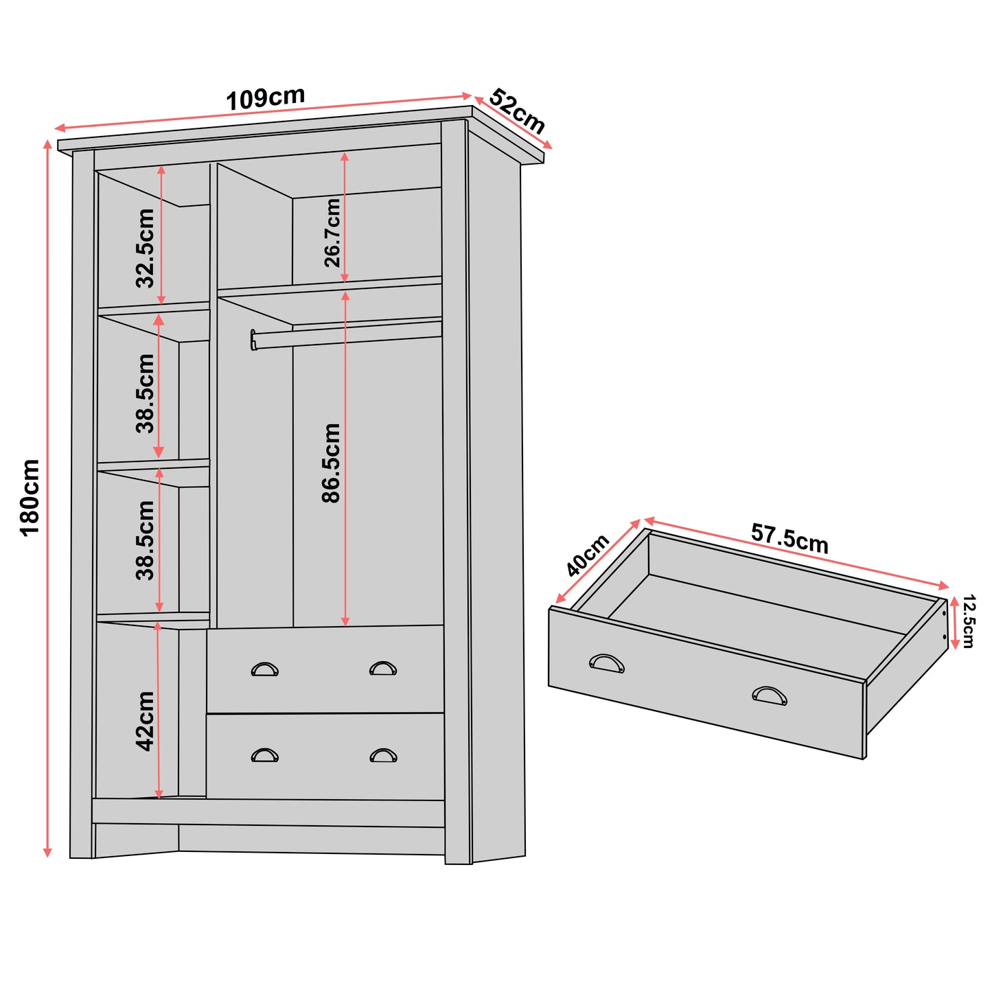 Shaker Triple Wardrobe With Drawers And Shelves