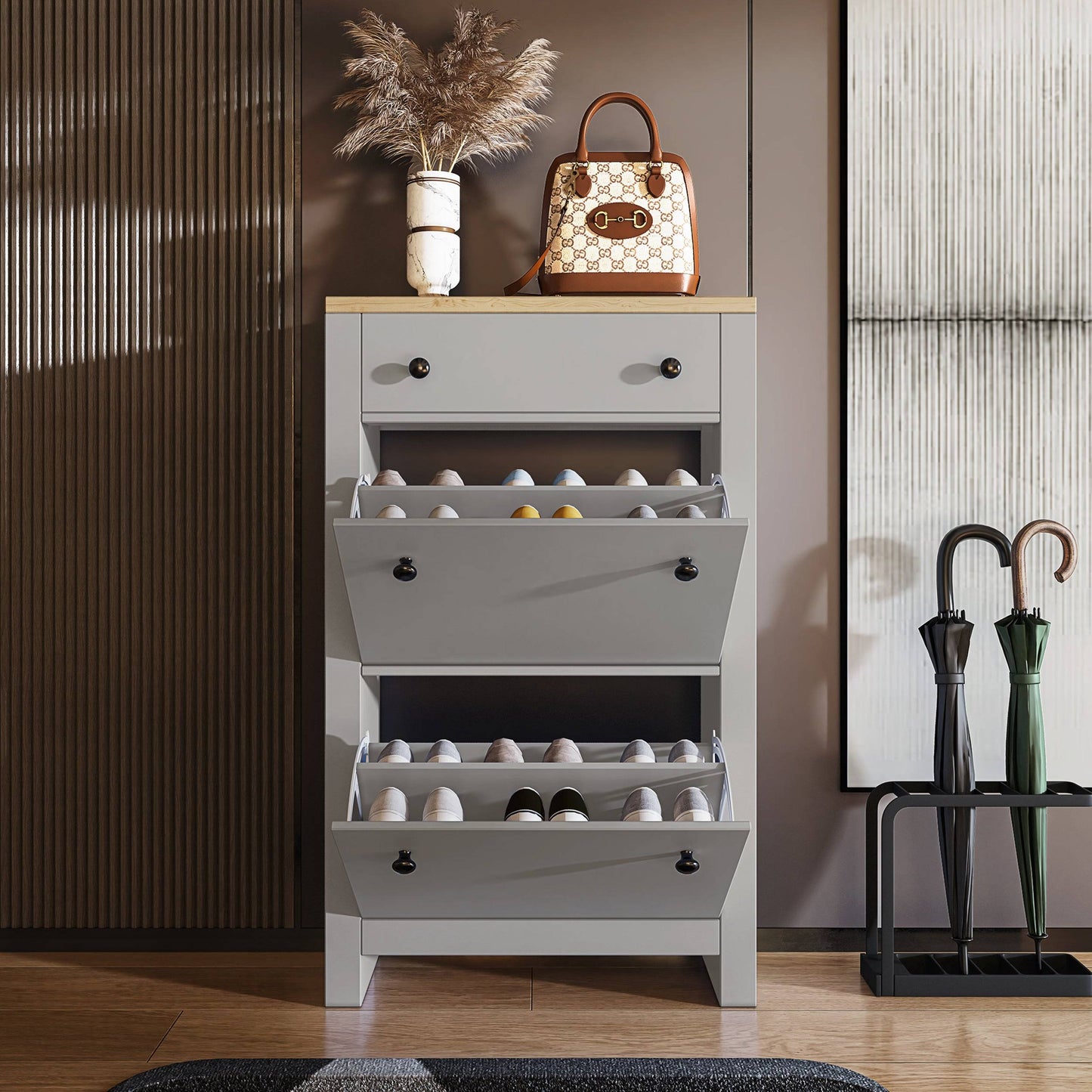 Modern Shoe Cabinet With Drawers | 2 Door Shoe Storage