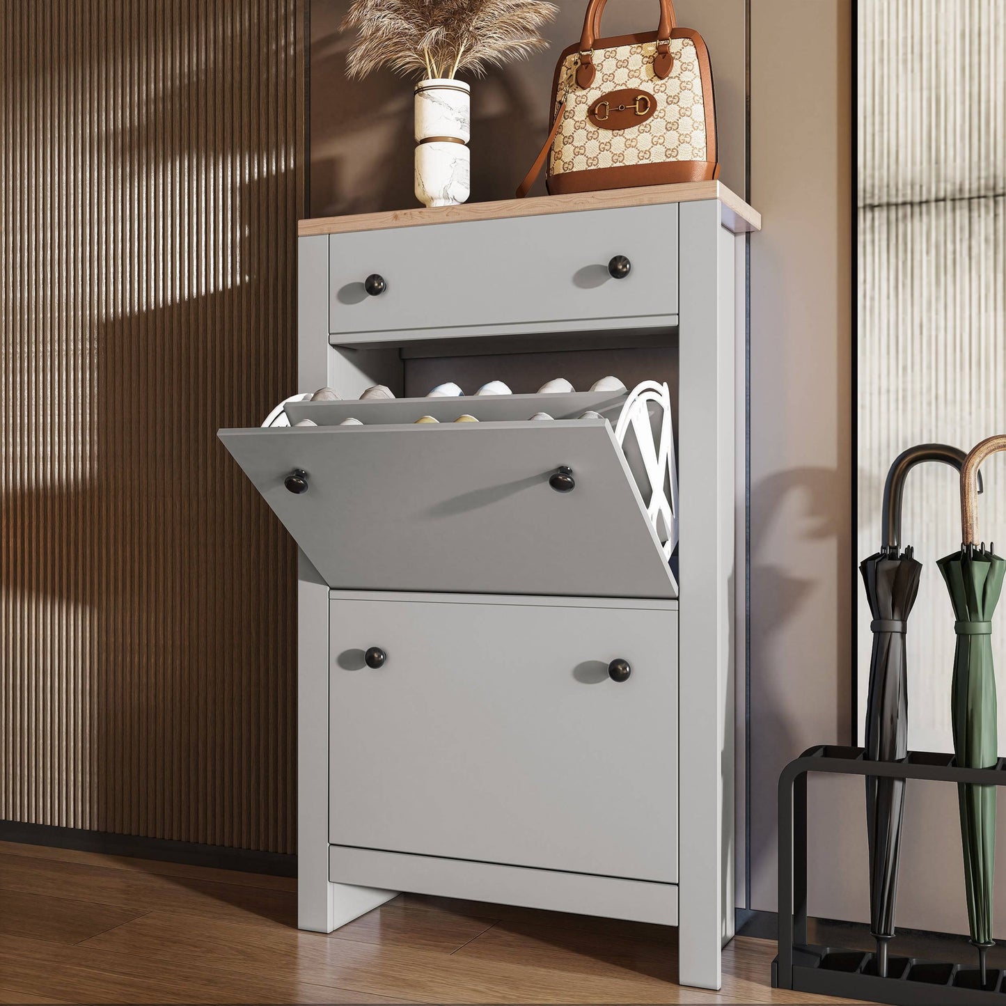 Modern Shoe Cabinet With Drawers | 2 Door Shoe Storage