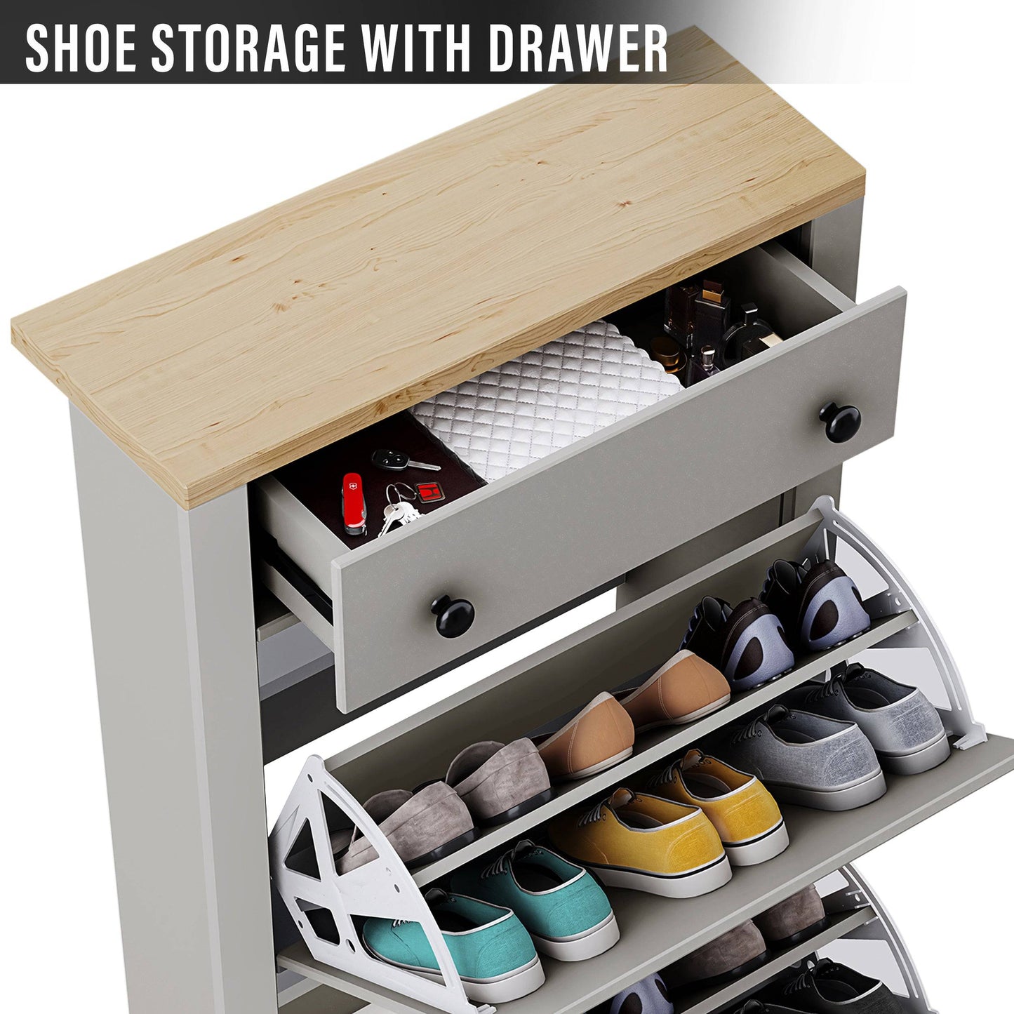 Modern Shoe Cabinet With Drawers | 2 Door Shoe Storage
