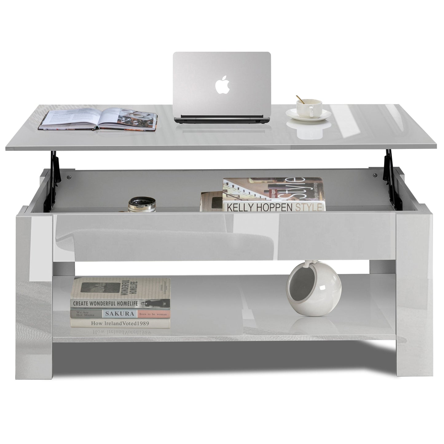 High Gloss Lift Top Coffee Table With Hidden Storage Shelf
