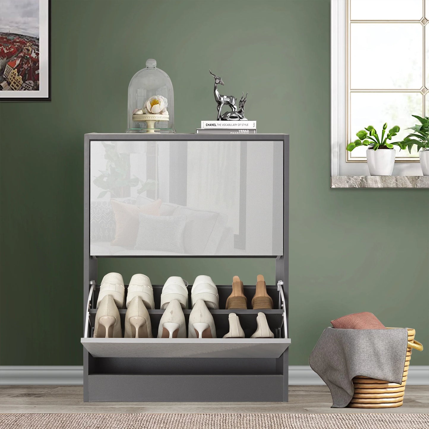 High Gloss 2 Door Shoe Cabinet | Slim Shoe Storage Unit