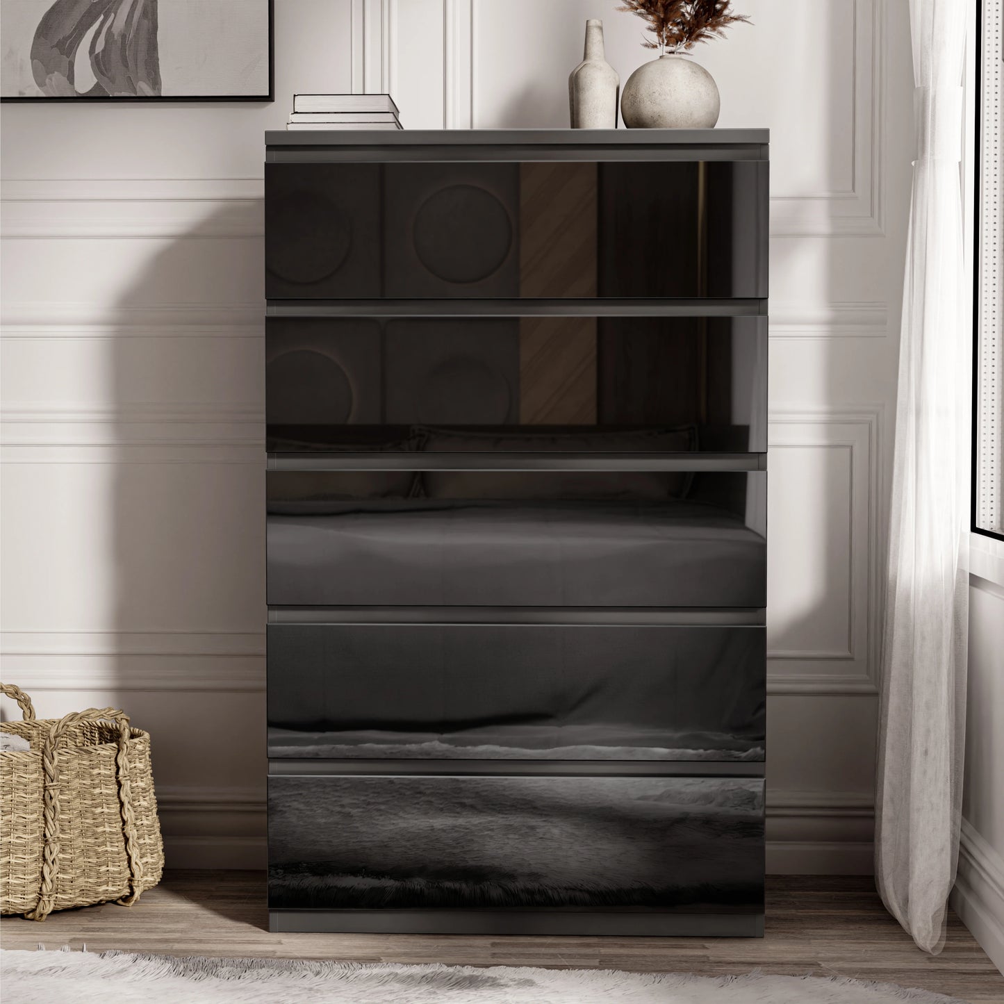 High Gloss Tall Chest of Drawers - 5 Drawer Chest Bedroom Drawers