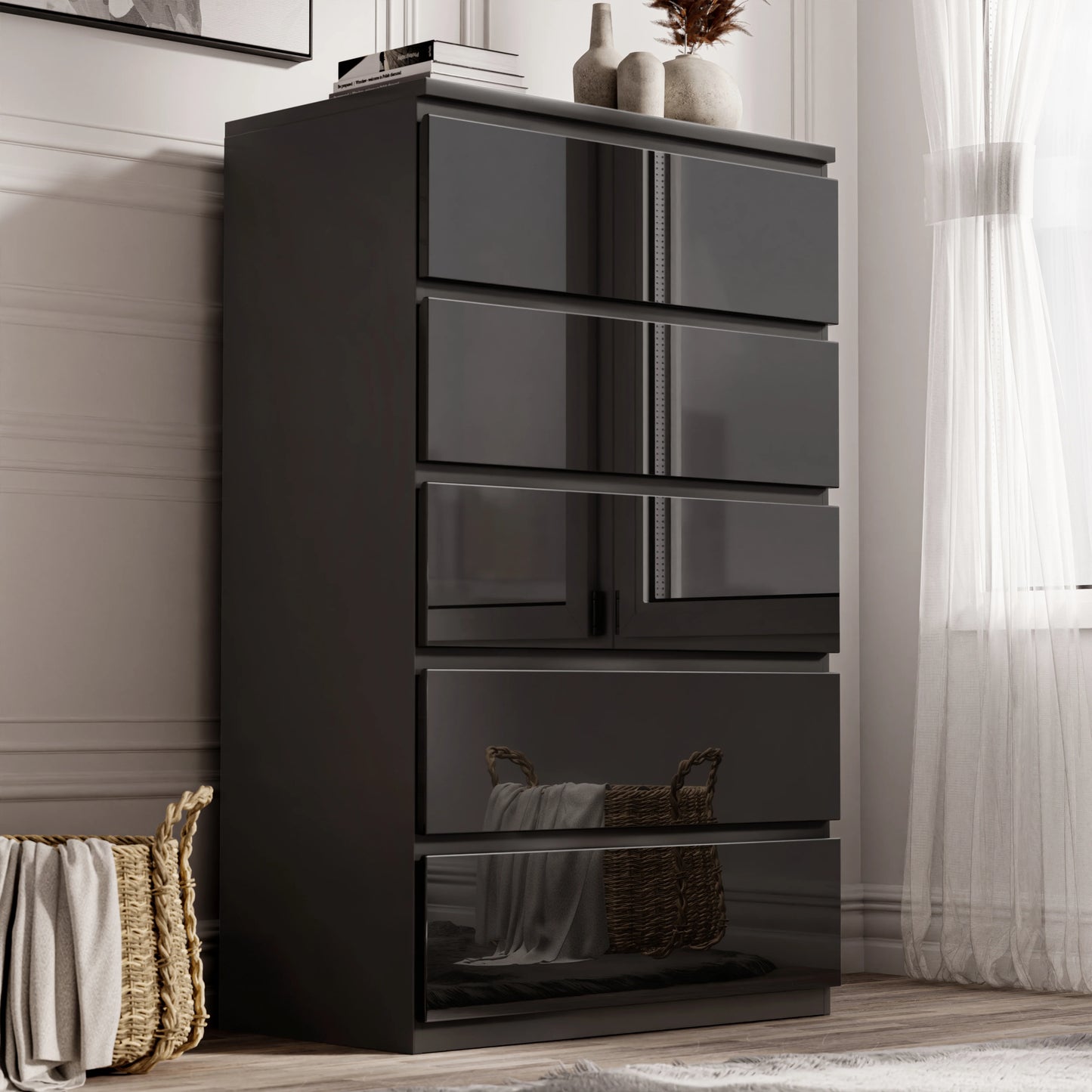 High Gloss Tall Chest of Drawers - 5 Drawer Chest Bedroom Drawers
