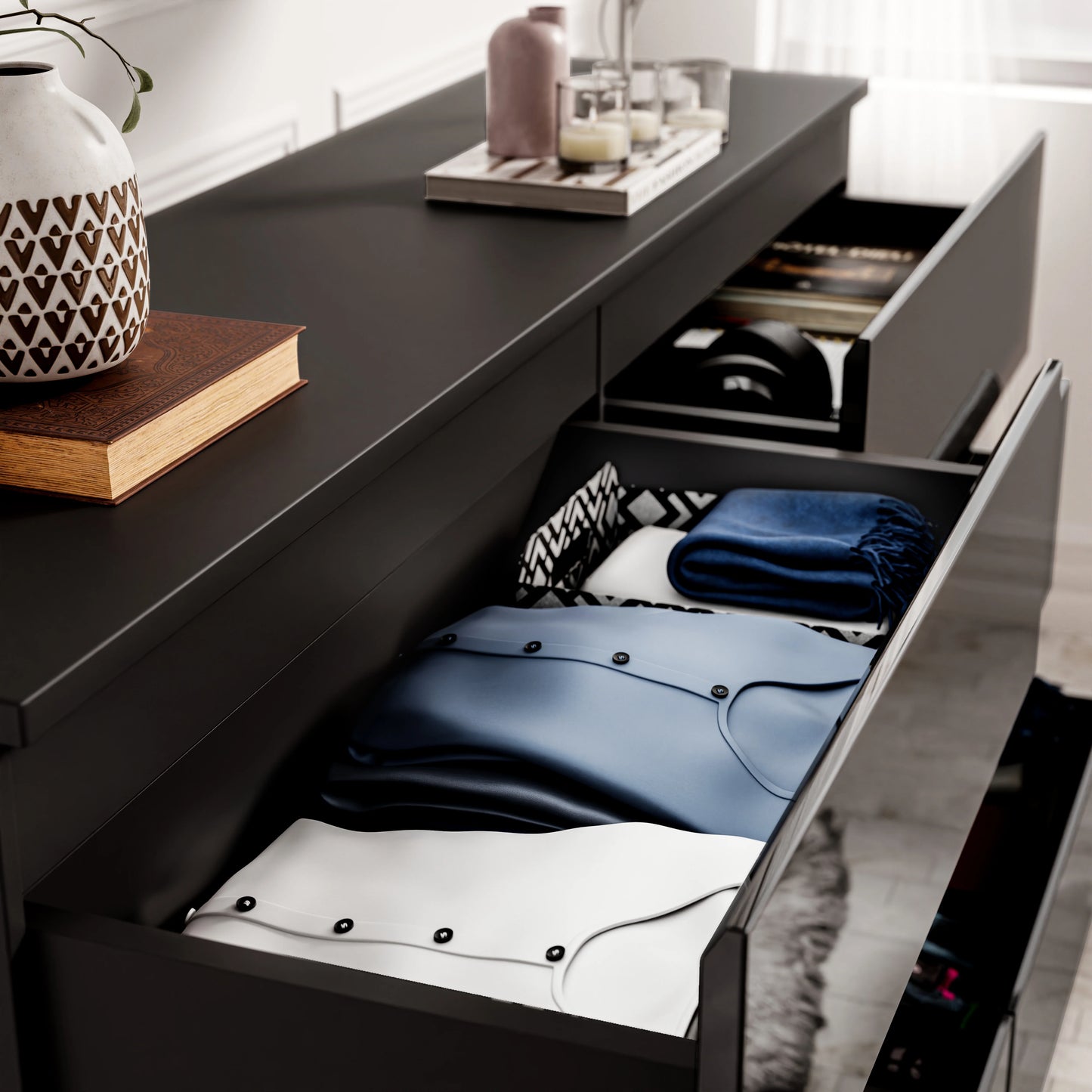 High Gloss Wide 8 Drawer Chest of Drawers - Bedroom Dresser