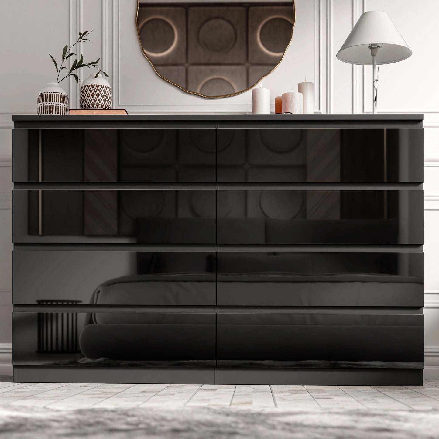 High Gloss Wide 8 Drawer Chest of Drawers - Bedroom Dresser