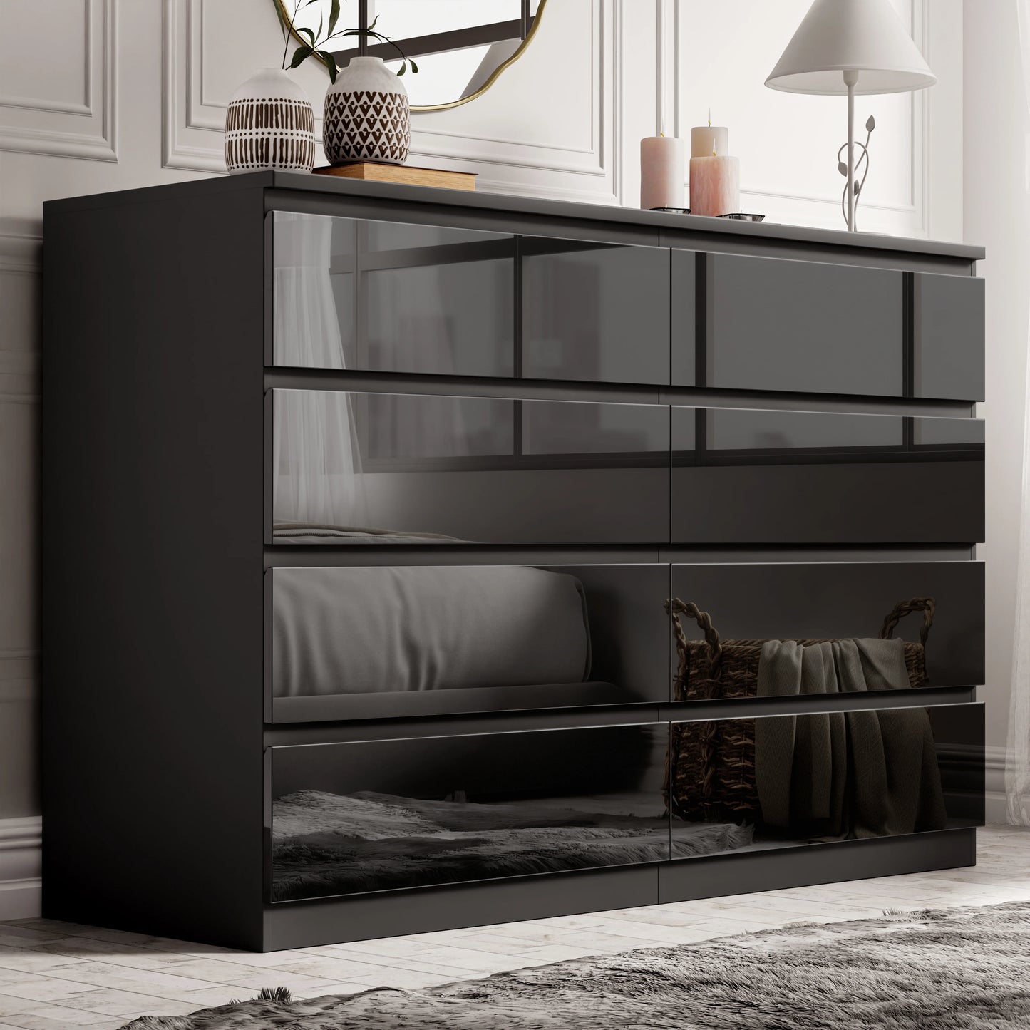 High Gloss Wide 8 Drawer Chest of Drawers - Bedroom Dresser